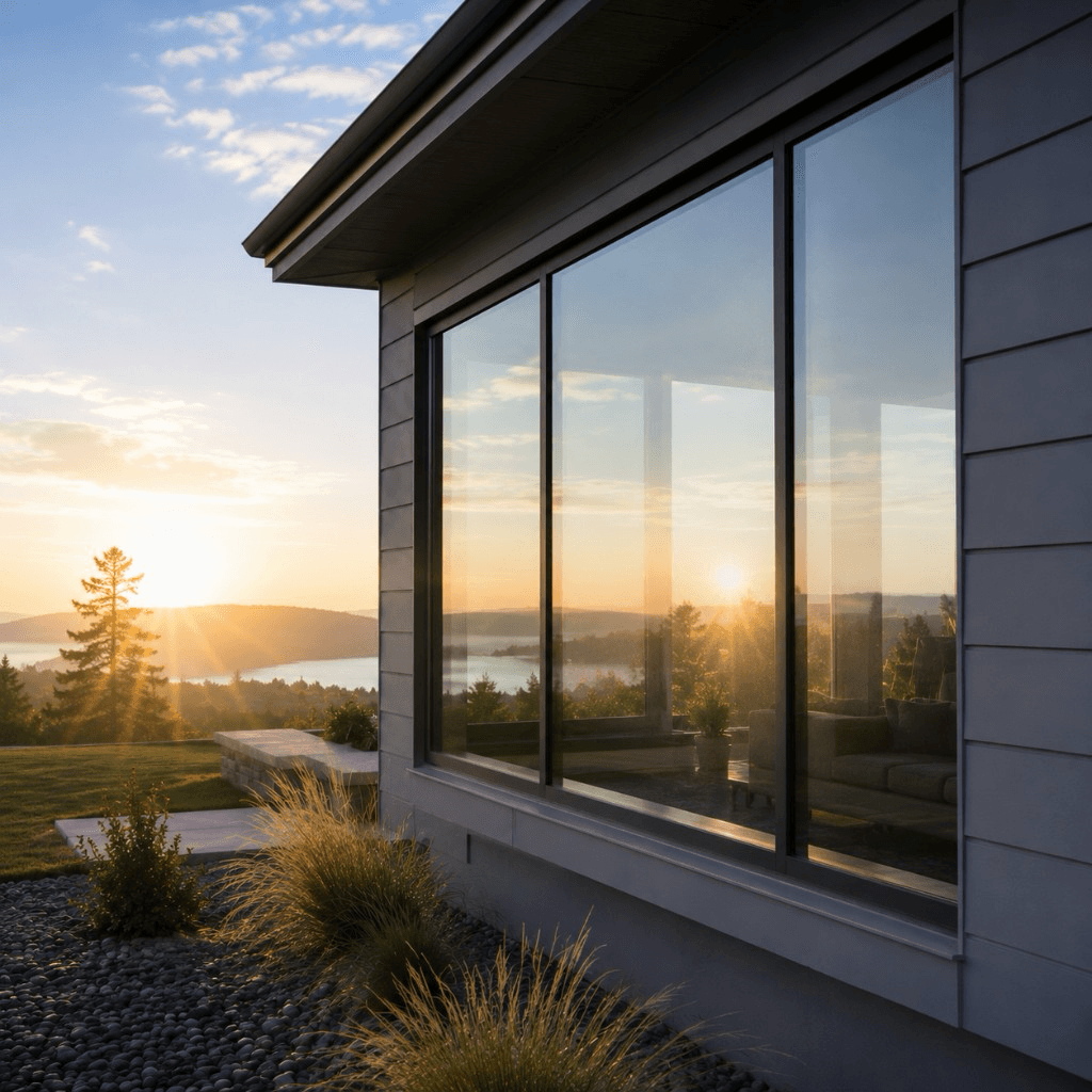Modern home at sunrise with sunbeams over misty water and hills